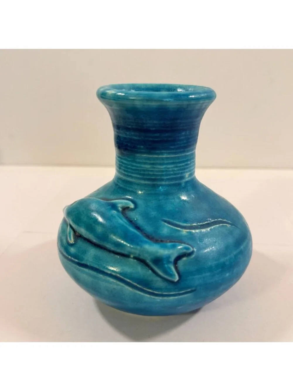 Vintage Dolphin Lagoon Ocean Blue Vase Handmade Studio Pottery 4 1/2